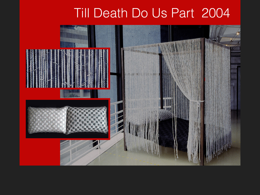 I graduated with a Bachelor of Arts (Fine Art) degree in 2004. In the Graduation Show I exhibited my installation work “Till Death Do Us Part”. Using woolen yarn and iron wire as raw materials symbolically, the work examined the intriguing relationship between the two sexes in a marriage - a veneer of conforming construction of two opposing yet entwining characters intricately woven together.